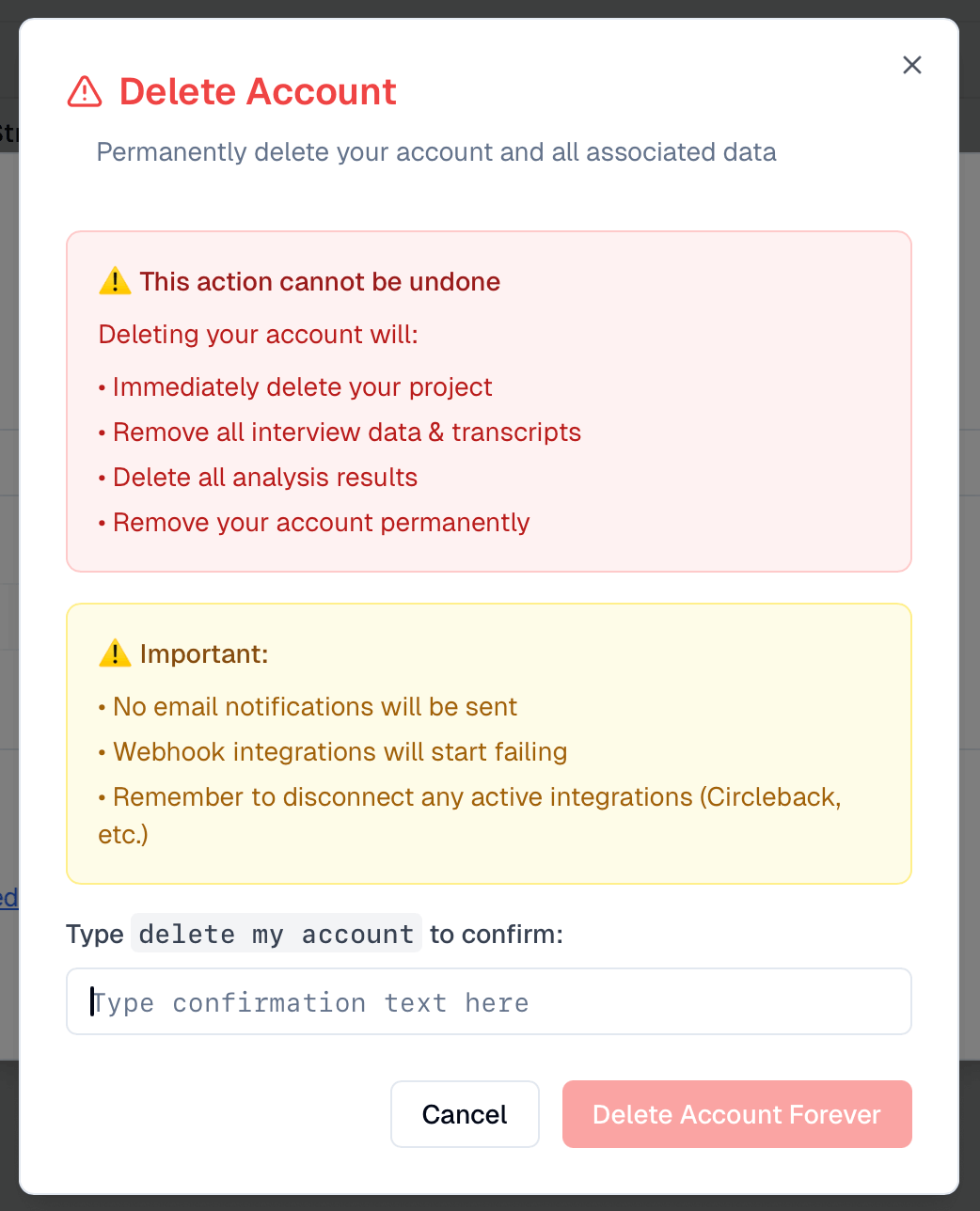 Confirmation dialog with text input for deletion