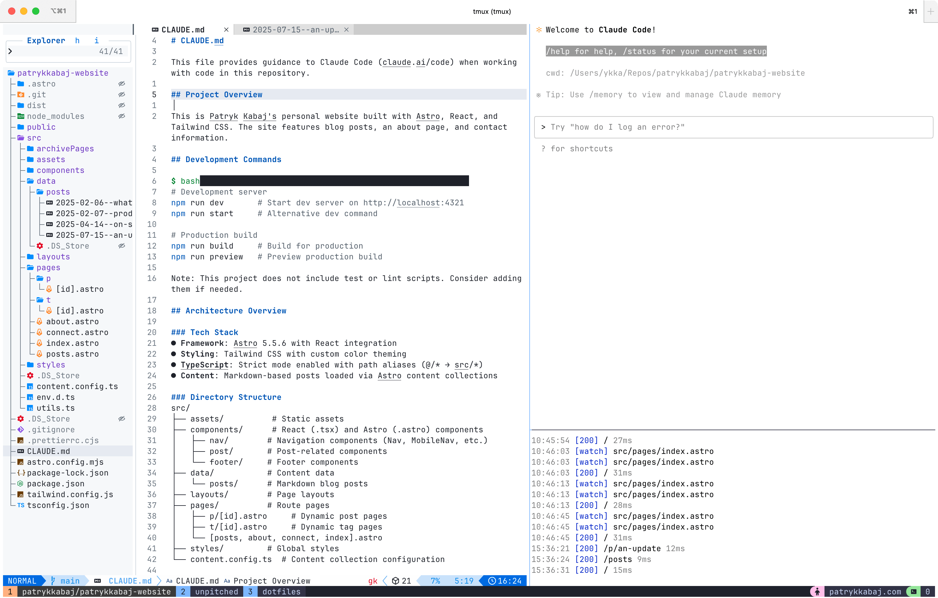 Terminal development environment with Tmux and NeoVim